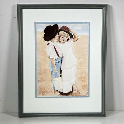 AMERICAN SCHOOL WATERCOLOR | Siblings in the Sand. Watercolor on paper. 9.5in x 13.5in sight. Signed in bottom right 