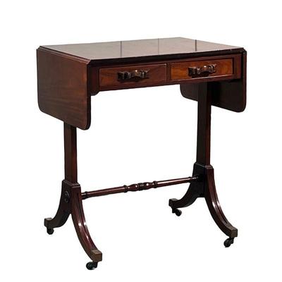 DROP LEAF SIDE TABLE | Drop leaf side table with 2 small drawers with carved wood pulls on H-stretcher with casters Leaf length: 9in. -...