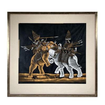 ELEPHANT WARFARE PAINTING ON SILK | Elephant Warfare. Oil paint on cloth. Depicts warriors with shields and spears mounted on clashing...