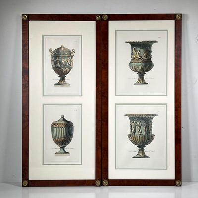 (2PC) PAIR GRECO-ROMAN VASE PRINTS | 2 pair of framed Greco-Roman lidded vases and planters with Latin names and descriptions. 9.5 x 12in...