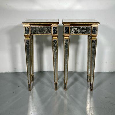 DISTRESSED MIRROR SIDE TABLES | Distressed mirror end tables with gilt bordering. - l. 16 x w. 16 x h. 32 in 