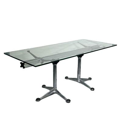 BRUCE BURDICK FOR HERMAN MILLER TABLE | Italian modern glass and aluminum dining table by Bruce Burdick for Herman Miller. Structure...