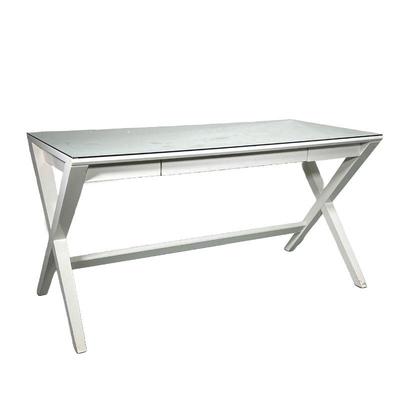 CRATE & BARREL WHITE GLASS TOP DESK | Model no: 491-2663543. Three-drawer white desk with X-legs. - l. 58 x w. 28 x h. 30 in 