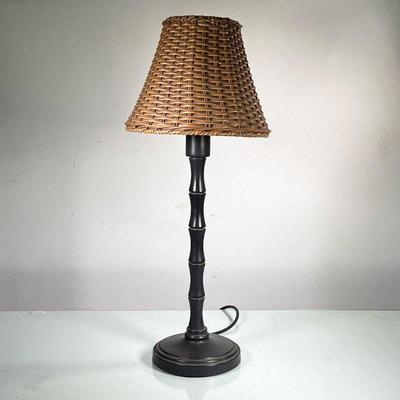 TURNED WOOD LAMP | Turned wood lamp with woven basket shade. - h. 30 x dia. 7 in 