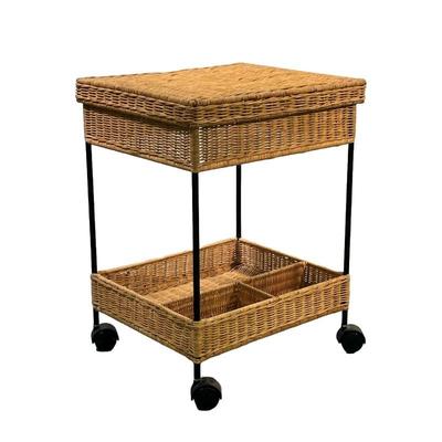 ROLLING WOVEN SIDE TABLE | Basket woven side table with backer organizer on bottom and plastic casters. - l. 19 x w. 16 x h. 24.5 in 