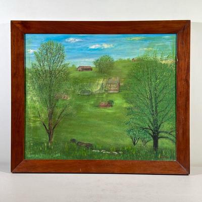 AMERICAN SCHOOL (20TH CENTURY) | â€œfarmlandâ€ Oil on canvas 19.25in x 23.25in Showing rolling hills dotted with farmhouses and barns...
