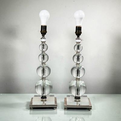 (2PC) PAIR GLASS LAMPS | Pair of glass lamps with graduated glass orbs, square glass, and metal base. - l. 6 x w. 6 x h. 22 in 