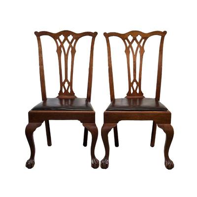 (2PC) PAIR CHIPPENDALE STYLE MAHOGANY DINING CHAIRS | Carved back dining chair with mahogany leather seat cushion and claw and ball foot...