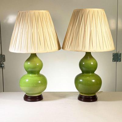 (2PC) PAIR GOURD SHAPED LAMPS | Pair of lime green gourd shaped ceramic lamps with wood base. - h. 28.5 x dia. 9 in 