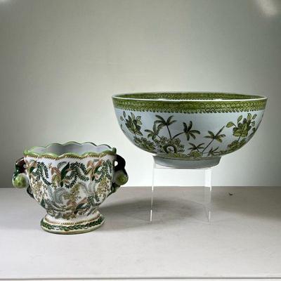 (2PC) PALM TREE BOWLS | Includes; large heavy ceramic bowl decorated with floral border and palm trees; and decorative bowl decorated...