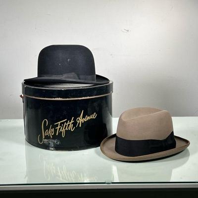 (2PC) PAIR MENâ€™S HATS | Includes; black Dobbs bowler, and Cavanagh Hats New York hat in Saks Fifth Ave hat box. - l. 15 x w. 13.5 x h....