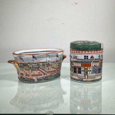 PAINTED CHINESE CERAMICS | Includes lidded jar and oval basin, both depicting international embassies and trade houses. - h. 6.5 x dia....