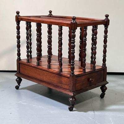 VICTORIAN STYLE MAHOGANY CANTERBURY | Mahogany 3 slotted magazine organizer with spindle carved posts, small drawer on bottom and...