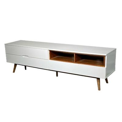 WHITE MID-CENTURY TV STAND | Includes: 2 open shelves with cable organizing holes in back and 3 pullout drawers with spindle legs. - l....