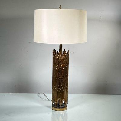 PAINTED BRASS LAMP | Gold-painted metal welded together in cylinder to form base lamp. Unique and eye-catching. - h. 28 x dia. 14 in...