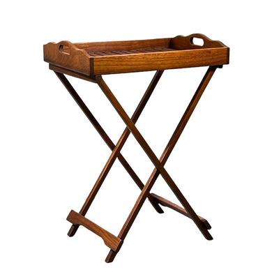 SLATTED WOOD TRAY WITH FOLDING STAND | Slatted wooden tray with handles and matching x-folding stand. - l. 21 x w. 15 x h. 29 in 