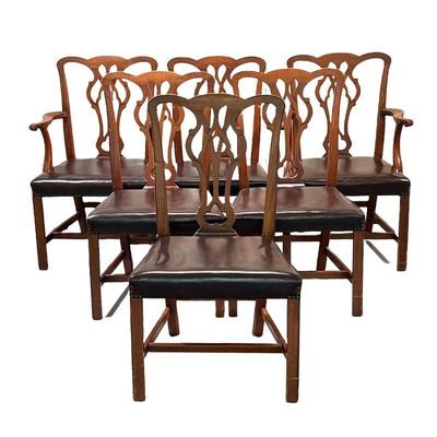 (6PC) MAHOGANY AND LEATHER DINING CHAIRS | Includes; 2 armchairs and 4 dining chairs with intricate carved back and curved arm rests...