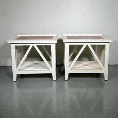 (2PC) PAIR PALECEK WHITE INLAY SIDE TABLES | Pair of white side tables with woven inlay top and slated storage shelf on bottom. Marked...