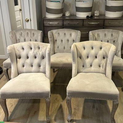 (5PC) WINGED BACK CHAIRS | Winged back chairs with riveted border and soft grey upholstery with handle on back. - l. 23 x w. 23 x h. 34 in 