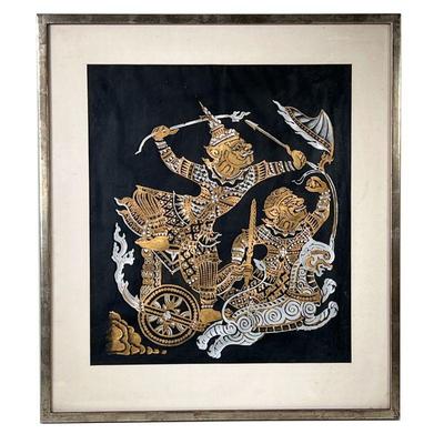 VINTAGE BALINESE KAMASAN PAINTING | Krishna and Barong. Paint on cloth. 17.25in x 19.75in sight. Depicts Krishna and Barong riding on a...