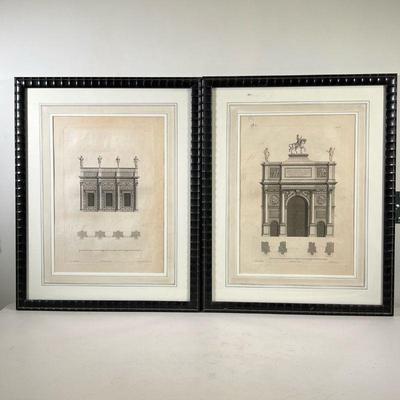 (2PC) PAIR FRAMED ARCHITECTURAL PRINTS | Framed architectural prints of archway and wall. 17in x 12in sight. - l. 20.25 x h. 25.25 in 