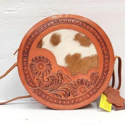 #2210 â€¢ Leather Round Crossbody Bag with Cowhide Inlay

