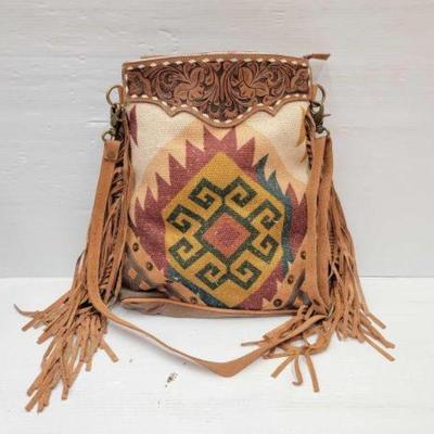 #2200 â€¢ Crossbody Bag with Patterned Rug & Leather Fringe
