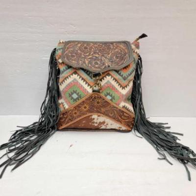 #2204 â€¢ Backpack with Aztec Rug, Cowhide Accent & Leather Fringe
