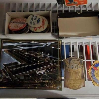 #7544 â€¢ GoodRich & Chevorlet Badges, Hydramatic Division Of General Motors Corp Plate, & Box Of Pins

