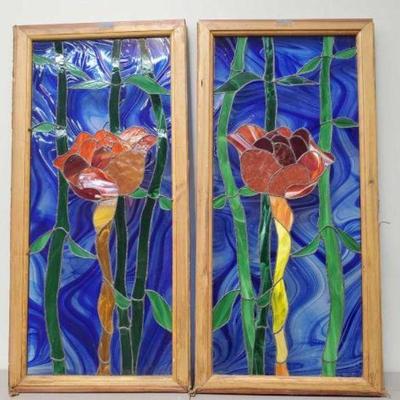 #591 â€¢ (2) Stained Glass Framed Rose Art
