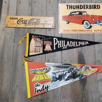 #7200 â€¢ (2) Flag Pennants, Key Rack, & Thunderbird Sign
