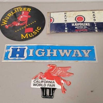 #666 â€¢ (3) Metal Signs & (1) License Plate Topper
