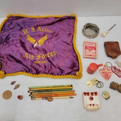 #2420 â€¢ Pencils, Keychains, Dice, Playing Card & Pin
