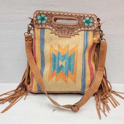 #2202 â€¢ Crossbody Bag with Aztec Rug & Leather Fringe
