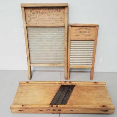 #607 â€¢ Antique Vegtable Chopper, Wood & Metal Washboard, & Glass & Wood Washboard
