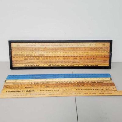 #608 â€¢ Framed Yardstick Art & (7) Yard Sticks
