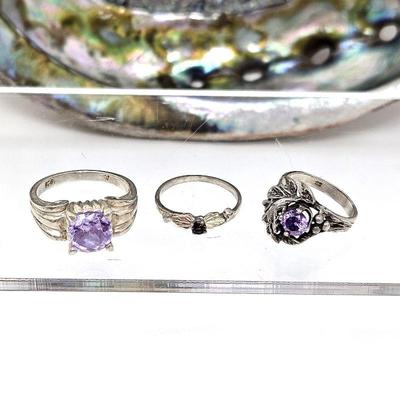 Set of three Sterling and Amethyst Rings Assorted Sizes - See Photos - Total Weight 9.5g