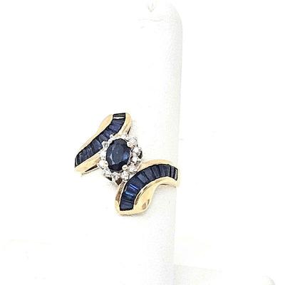 Stunning 14k Yellow Gold Bypass Ring with Baguettes & Center Faceted Sapphires in a Multi Diamond Frame