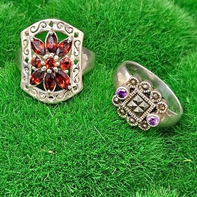 Two Lovely Ornate Sterling Silver Rings Each Size 8 - One with Several Red Garnets, The Other Amethyst & Pyrite