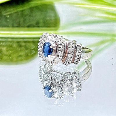  NEW!- Stunning 14K White Gold Ring w/ Blue Sapphire and Diamonds- sz. 5