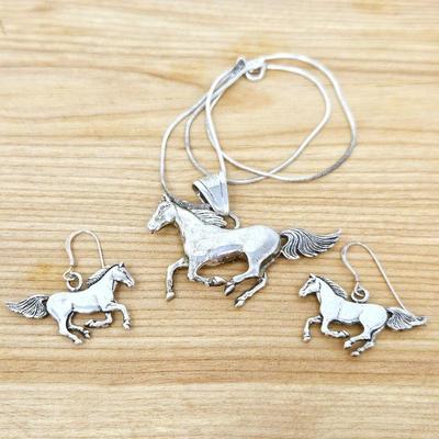 Horse Lovers Set of Sterling Pendant Necklace and Matching Earrings - 16