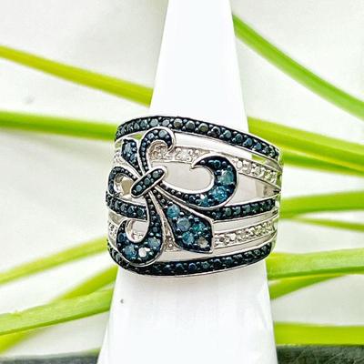 Fleur De Lis Color Enhanced Pave Diamond Statement Ring in Sterling Silver sz. 5.5