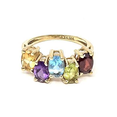 Fun 10K Yellow Gold Ring Holding Five Faceted Semi Precious Gems in a Five Prong Set - Size 5 - Total Weight 3.0