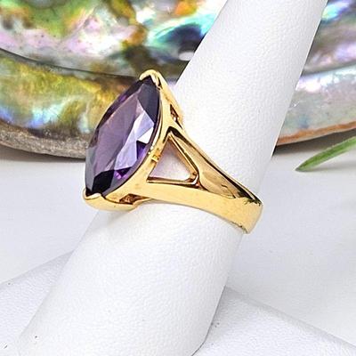  Solid Sterling Silver Ring That is Yellow Gold Plated with Large Faceted Amethyst (16.6mm x 9mm)- Ring Size 8