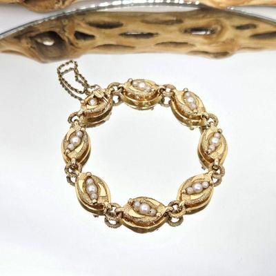 Vintage La Triomphe 14k Yellow Gold & Pearl Bracelet