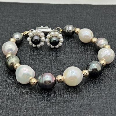 Black and White Cultured Freshwater Pearl and 14K Gold Set -Bracelet and Earring Combo