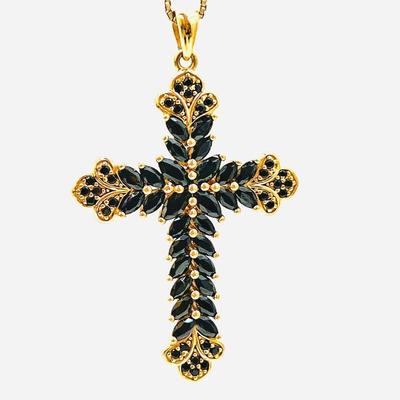 Elegant Cross Pendant w/ Marquise and Round Black Spinel Gemstones, 18k Gold over Sterling Silver w/ Chain