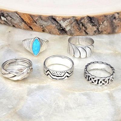 Set of Five Sterling Silver Rings Sizes 7 - 7.5. Unique Ornate Bands, One with Real Turquoise Inlay - tw 21.1g