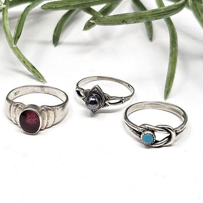  Set of Three Smaller Sized Sterling Rings Each Around Size 5 - Black Pearl, Red Bezel Stone & Turquoise
