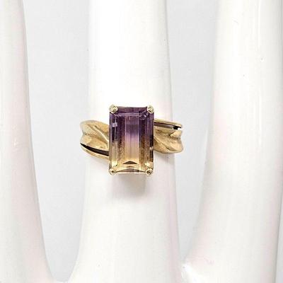 Solid 10k Yellow Gold Ring Holding a Unique Two Tone Ametrine Baguette Cut Stone 7.9 mm x 12 mm